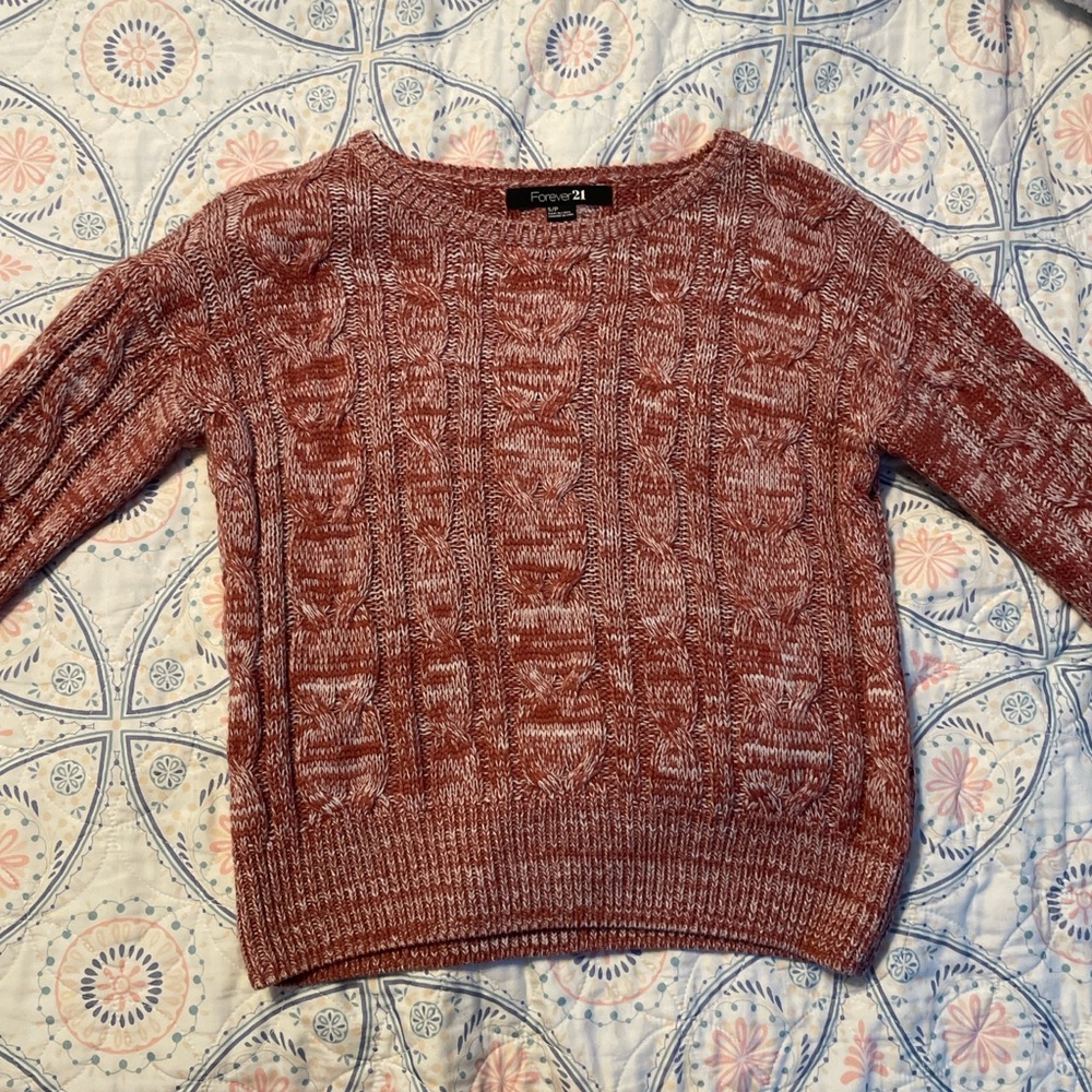 Forever 21 Marbled Rust-Red Cable Knit Crewneck Sweater